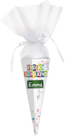 Striefchen® Endlich Schulkind Zuckertüte mit Namen des Erstklässler - eckig, fertig gebastelt 28 cm