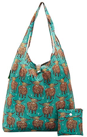 ECO CHIC Lightweight Foldable Reusable Shopping Bag Water Resistant Tote Bag (Highland Cow Teal)