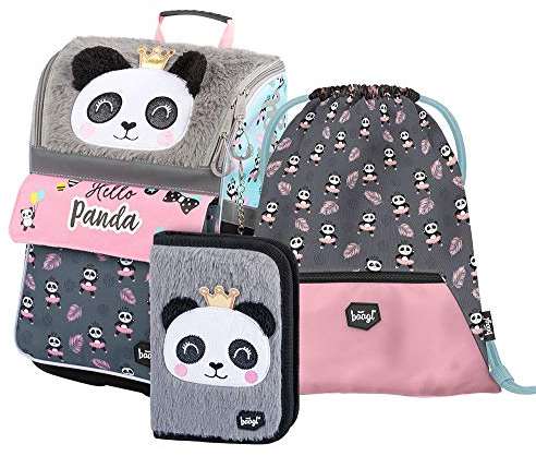 Baagl Schulranzen Mädchen Set 3 Teilig - Zippy Schultasche für 1. Klasse - Grundschule Ranzen Tornister mit Brustgurt - Ergonomischer Schulrucksack (Panda Neu)