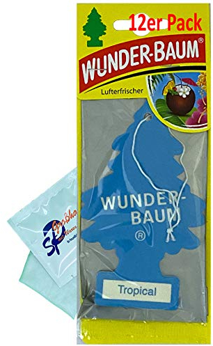 12 Stück Tropical Wunder-Baum Lufterfrischer Duftbaum inkl. 1 x Glasreinigungstuch von SP Großhandel Gratiszugabe (Tropical)