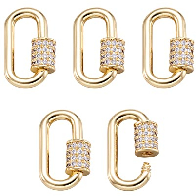 5 Stück echt 18 Karat vergoldet Schraubverschluss Karabiner oval Mikro-Pavé-Fassung Zirkonia Karabiner Schlüsselanhänger Schloss Verschluss Charm 17,1 x 10,5 mm für DIY Schmuckherstellung
