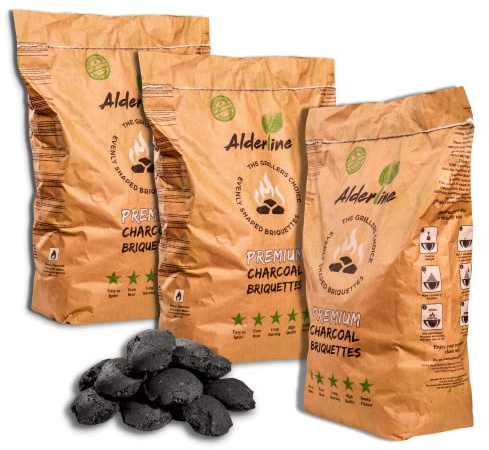 Alderline Premium Charcoal Briquettes (12kg) - Perfect for slow BBQ sessions - Ready in 15 Minutes, Pillow-Shaped, Up to 300°C, 4+ Hour Burn Time - 100% Natural, Sustainable Charcoal for Grilling