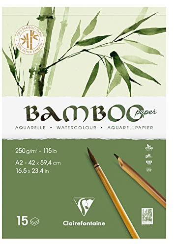 Clairefontaine 975921C - Block Bamboo Aquarelle, einseitg geleimt, 15 Blatt Bambuspapier 250g, DIN A2 42x59,4cm, 1 Block