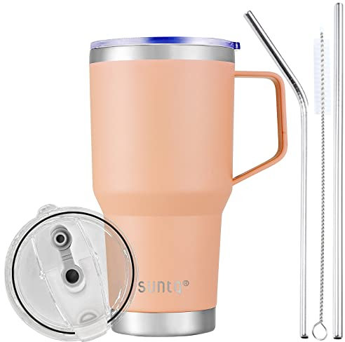 SUNTQ 30oz 850ml Tumbler mit Griff - Wiederverwendbare Reise Kaffee Tasse mit Stroh, Deckel - Doppelwandige Vakuum Isolierte Kaffeetasse - Thermische Tasse aus Edelstahl (Hellrosa)