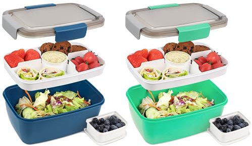 Bugucat Bento Box 2000ML 2 Set, Lunch Box Lunch Container to Go with 4 Compartment Tray, Salad Bowl with Dressing Container, Meal Prep to Go Containers for Food Fruit Snack, Built-in Reusable Spoon