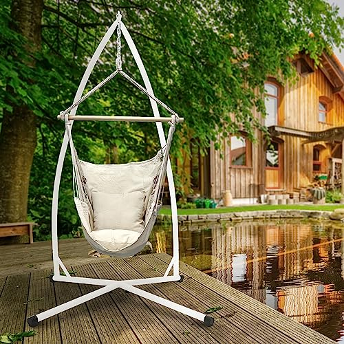 ECD Germany Hängesessel Beige mit Gestell Weiß 208 cm, Hängestuhl Hängeschaukel aus Baumwolle mit 2 Kissen bis 120 kg, Freistehendes Hängesesselgestell Hängestuhlgestell Hängesitz Ständer aus Metall