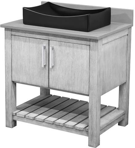 Miseno MV-30SG-NOBV-280-1141MB 30 Free Standing Single Basin Vanity Set with Cabinet, Porcelain Vessel Sink and Grey Quartz Vanity Top - Stonewash Grey/Storm Grey Top/Brushed Nickel Hardware