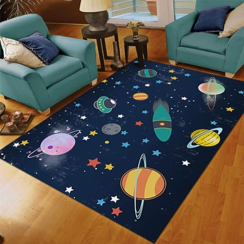 Teppiche Gegend 60 x 90cm, Universum Planet Galaxie Kinderzimmer Teppiche, Rakete Raumschiff Sterne Kinder Klassenzimmer Teppich, Schützen Bodenbelag Für Wohnzimmer Schlafzimmer Zimmer Kinderzimmer