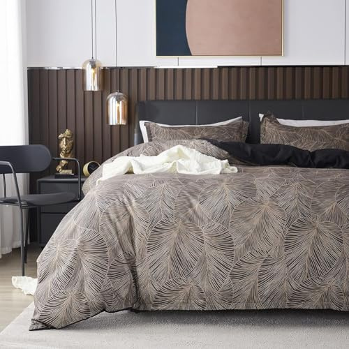 Housse de Couette 200x200 + 2 Taie d'oreiller 65x65cm Motif Feuilles Marron
