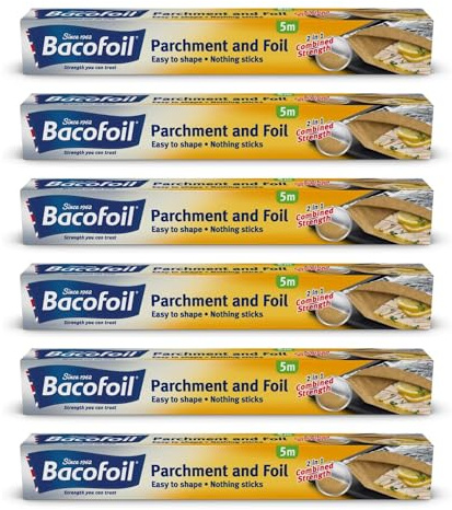 Foil and Parchment Paper 2 in 1 Easy to Shape 5m x 30cm | Durable and Tear Resistant | Non-Stick Coating - Pack of 6 Rolls