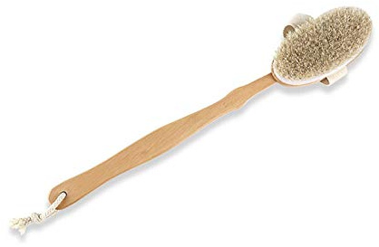 Brosse de douche à poils naturels avec long manche en bois amovible pour le dos