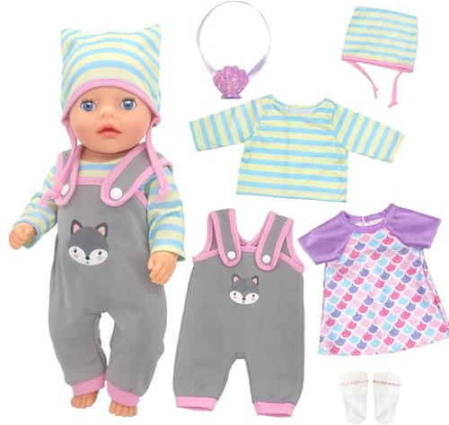 Puppenkleidung Puppenkleider Set für 14–17 Zoll Baby Puppen Koalas Hut Kleidung Overall Kleider Socken Säcke Puppenzubehör für 36-43 cm Baby Puppen Keine Puppe