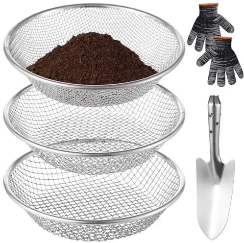 Lot de 5 tamis de jardin en acier inoxydable de 30 cm avec tamis de terre, pelle et gants, maille fine 4 mm, 6 mm, 8 mm pour le jardinage du sable, des rochers, des mauvaises herbes