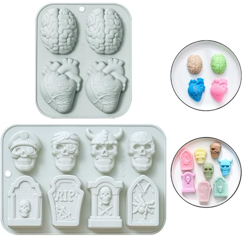 Fyfjur Halloween Moules en Silicone, 2 Pièces Halloween Moule à Gâteau Halloween Moule Chocolat Moule Cerveau Moule Halloween Mignon Moule à Glace Moule à Crâne Moules
