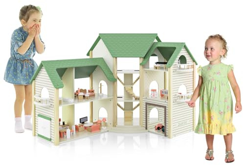 HOMASIS Maison de Poupée en Bois pour Enfants avec Escaliers et Balcons Intégrés, Maison de Poupée d'angle au Toit Vert 36 Meubles et Accessoires, Maison de Jeu, Cadeau pour Les Enfrant +3 Ans