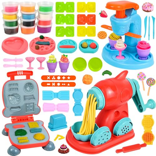 Ulikey Formine Set di 55 Pezzi DIY Accessori per Modellare Plastilina per Bambini, Burger Gelatiere Pasta Maker e 12 Vasetti, Regalo per Ragazzi e Ragazze 3+ Anni