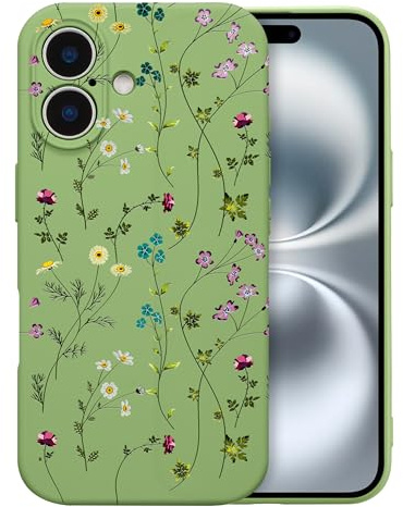 RALEAVO Case for iPhone 16, Cute Flower Silicone Floral Slim Cover, Green | For iPhone 16 Liquid Silicone Phone Case, for Girls Women Aesthetic Flowers Shockproof Protective Soft Cover