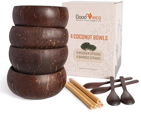 GoodVieco Juego de cuencos de coco (4, pulidos) – Cuencos de cáscara de coco natural con pajitas de bambú y cucharas de madera – Regalos ecológicos para comidas veganas, batidos, acai, buda, yogur y
