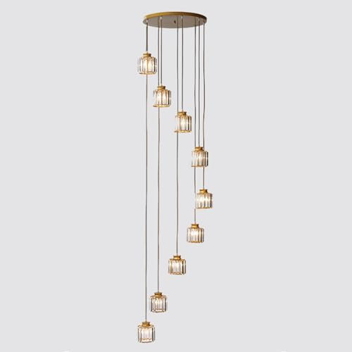 Lustre d'escalier en cristal transparent, éclairage de plafond, cylindre moderne, hauteur réglable, métal noir, lampe suspendue longue pour salle à manger, salon, îlot de cuisine, doré, 9 têtes