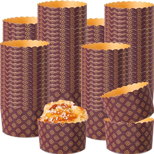 FoldTier 24 Pcs Easter Bread Mold, Corrugated Paper Baking Molds, Round Paper Form for Cakes Panettone Pan Kitchen Muffin Cupcake Kulich Paska, Brown (15 oz)
