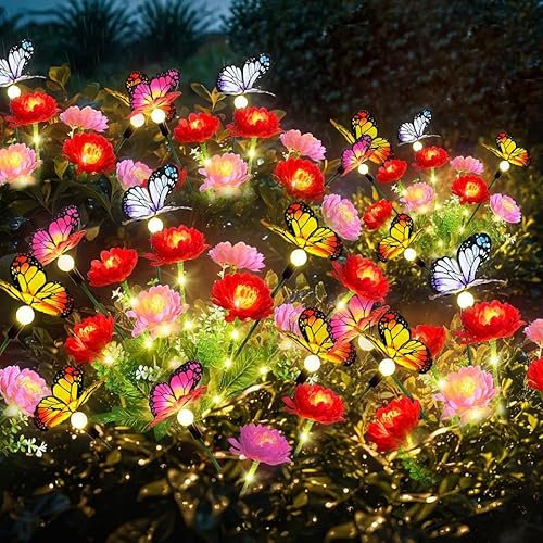 Qoosea Lampe Solaire Exterieure Jardin, 2 Pièces Lumière Solaire à Lotus des neiges Fleurs avec Papillon, LED Lumiere Solaire Étanche IP65, Décoration pour Jardin, Pelouse, Terrasse, Fête, Mariage