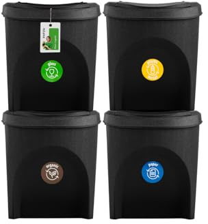 Lot de 4 poubelles écologiques, système de tri sélectif, 4 x 25 l, avec couvercles colorés, bac de recyclage pour cuisine, bureau et maison, éco-anthracite