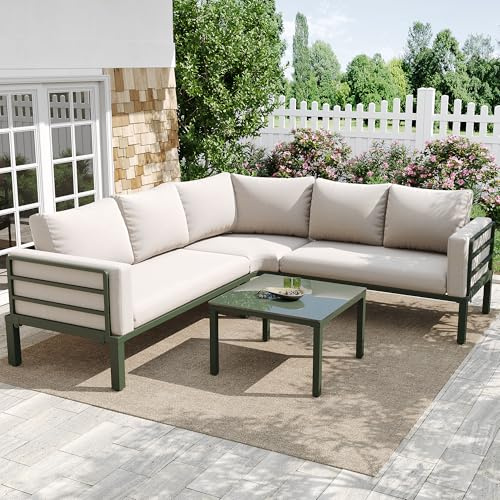 Merax Gartenmöbel-Set 4-5 Sitzer – Outdoor Lounge Set mit Tisch aus gehärtetem Glas, verzinkter Eisenrahmen, wetterfest, inklusive 10 cm Dicker Sitzpolster & Kissen, Beige, mit verstellbaren Beinen