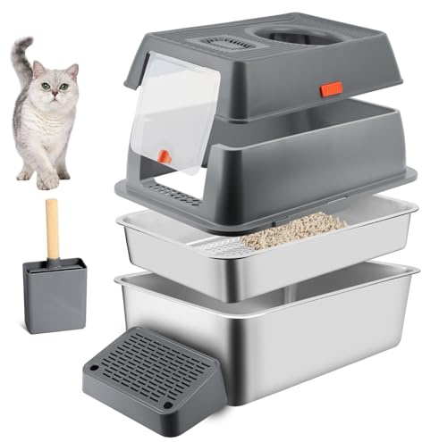 Bartuke Kattlåda i rostfritt stål med lock, avtagbar kattlåda i metall med sikte, spade, läckagesäker, non-stick, enkel rengöring (mörkgrå)