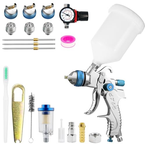HVLP Professionnel Pistolet à Peinture à Alimentation par Gravité avec 3 Buses 1.4/1.7/2.0mm Coupe 600cc Régulateur d'air Pistolet à Peinture Automatique pour la Réparation de Voitures (Bleu)