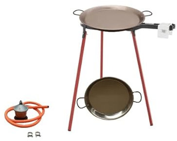 FERRETERIA LEPANTO Kit Paellero, Quemador a Gas butano, paellera acero pulido, regulador de Gas + 1,5 metros de Manguera, soporte de 3 Patas Resistentes (Pulida, 46 CM)