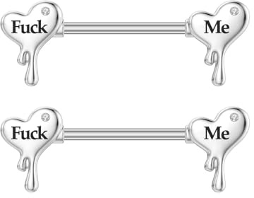 Zynova 14G Silver Heart Nipple Rings Surgical Steel Naughty Words Cum Here Nipplerings Sexy Nipple Barbell Nipple Piercing Jewelry for Women (Style F)