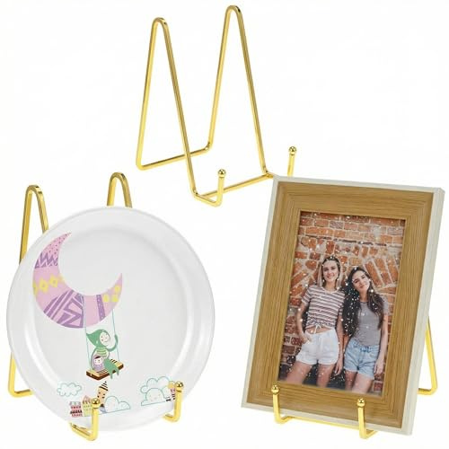 QWORK® 3 Piezas Soportes Dorados para Platos Decorativos y Marcos de Fotos - 14,5 cm de Altura - Soporte de Exhibición de Hierro