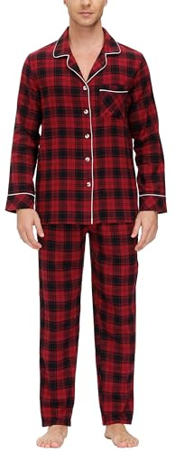 MoFiz Pyjama Homme Coton Ensemble de Pyjamas Col V avec Boutons Hiver Long Vêtements de Nuit Manche Longue Hauts et Pantalon de Pyjama