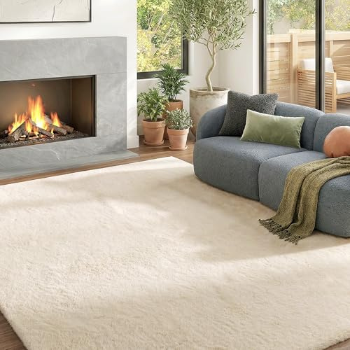 HOMCOM Alfombra Salón 120x160 cm Alfombra Lavable en Lavadora Pelo Largo Suave Estilo Moderno Tapete para Sala de Estar Dormitorio Comedor Blanco Crema