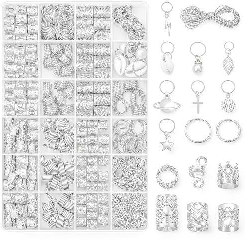 Wefaly 259 Stück Haarschmuck Silber für Zöpfe, Silber Haarschmuck für Dreadlocks Dreadlocks Schmuck Klipsen Loc Schmuck für Haar Verstellbar Haarperlen Zum für Männer Frauen Mädchen und Jungen Zöpfe