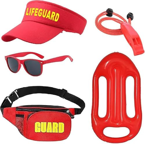 Disfraz de Socorrista Unisex 5 Piezas – Set con Gorra, Riñonera, Silbato, Gafas y Accesorio de Salvamento – Disfraz Vigilante de la Playa para Hombre y Mujer – Carnaval, Verano, Fiesta o Playa
