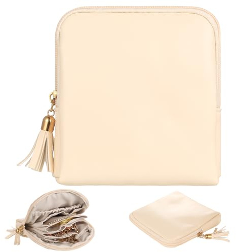 LEKABIN 1 Pièce Boite a Bijoux Voyage, Pochette Bijoux Voyages, Mini trousse de voyage pour bijouxs, boite a boucle d'oreille femme bagues (beige)