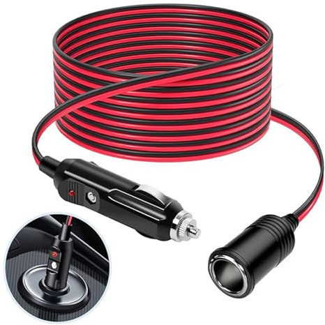 Cigarette Lighter Extension Lead 12V/24V 16 AWG Car Charger Extension Cable Male Plug To Female Socket with 15A Fuse and LED Lights Heavy Duty Cigarette Lighter Socket Cord for Truck Van RV