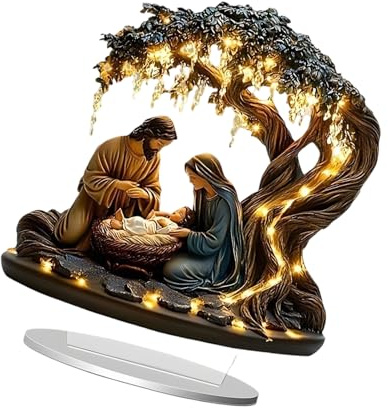 yanwuwa Presepe sacro sotto l'albero, scultura decorativa in resina con illuminazione a LED per Natale e casa, decorazione da tavolo
