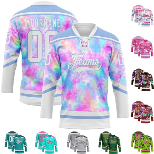 Custom Tie Dye Hockey Jerseys, Personalized Long Sleeve Lace Up Ice Hockey T-Shirts for Youth Boys Girls Men Women, Colorful Long Sleeve Sportswear School Sweatshirts Team Uniforms Pullover Jerseys