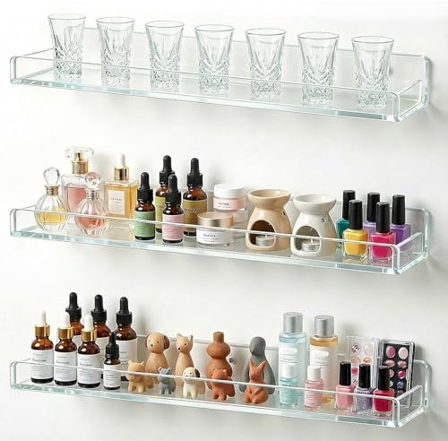 DEDC 3 Pack Shot Glass Display Case for Wall Clear Acrylic Floating Shelves (16.5) for Skincare and Miniatures Secure Kitchen Spice Rack with Side Guard Rails Sleek Wall Holder for Small Bottles