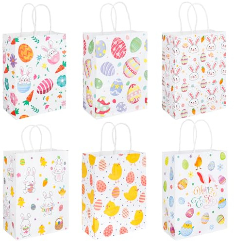 6 Stück Ostertüten Papier Geschenktüten mit Griff, Wiederverwendbare Ostergeschenktüten mit Hasen-Ostereier-Party-Leckerli-Taschen, Tragetaschen für Ostergeschenke Kinder Osterparty