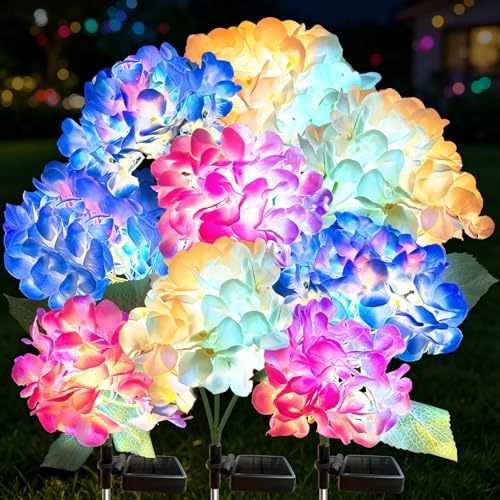 VEEKAY Solarlampen für Außen Garten,3 Stück Hortensien-Blumenlichter,Bunte Lichter,IP65 Wasserdicht Swinging Solarleuchten für Hof, Terrasse,Gehweg-Dekoration