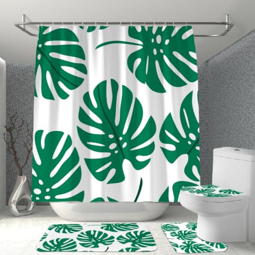 Hearda 4 Piezas Cortina de Ducha y Juego de Alfombras de Baño, Cortina de Ducha Tela Lavable con 12 Ganchos y Alfombrilla de Baño, Tapa de Inodoro y Alfombra en Forma de U (Hojas Verde Oscuro,M)