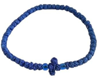 IconsGr Hecho a mano Griego Ortodoxo Cristiano Cordón de oración Chotki, Komboskini, encerado, fino, color azul con cruz del monte Athos (Grecia)