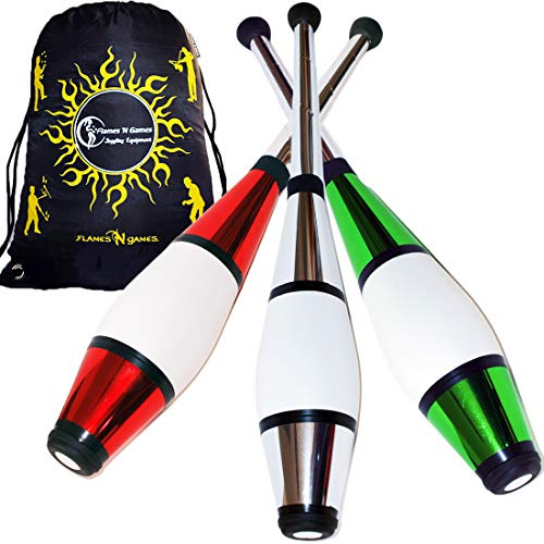 Juggle Dream 3X Euro Pro Massues De Jonglage (12 Options de Couleur/Metallic Déco) Massue Pro à Jongler. Formation Jonglerie Massues + Flames N Games Sac de Voyage! (Rouge/Argent/Vert)