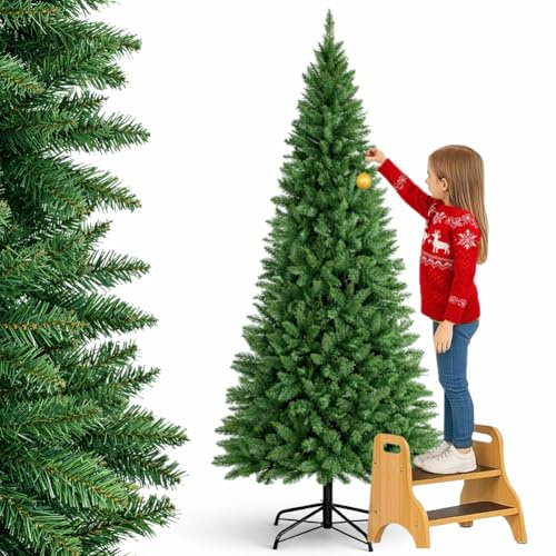 BAKAJI Albero di Natale Slim Molto Folto Ecologico e Ignifugo con Base a Croce in Ferro Pieghevole, Decorazione Natalizia Salvaspazio Foltissima con Rami Realistici (Verde Pino dei Sogni, 210 cm)