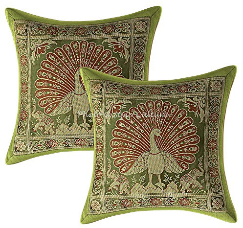 Stylo Culture Ethnico Fundas Almohadones Decorativa 30x30 cm Brocado De Seda Pavo Real Fundas De Cojines Sofa Verde Oliva 12x12 Inch Jacquard Cuadrado Cremallera Fundas Cojines Dormitorio - 2 Pcs