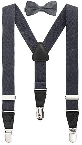 BomGuard Hängslen och fluga i set – justerbar – för pojkar i åldrarna 1–8 år – elegant för bröllop, dop, födelsedag, skolstart, fest, tillbehör för spädbarn och småbarn, Mörkgrå/svart läder + mörkgrå