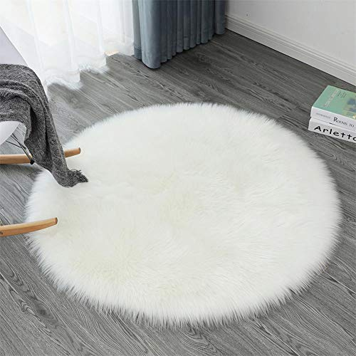 Ommda Teppiche Kunstfell für Wohnzimmer Teppich Fellimitat Rund für Schlafzimmer Wollteppich Shaggy Langflor Abwaschbar für Kinderzimmer,Weiß,100cm